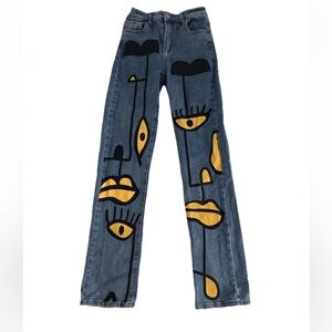 Akira | High Waist Eyes On Me Graphic Jeans Size 25 Blue Denim Straight Leg